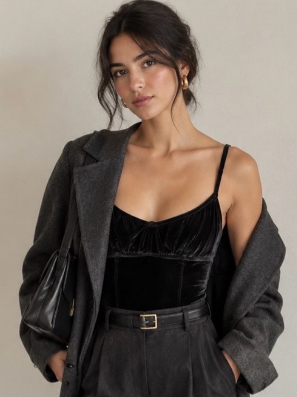 Black Velvet Tank Top Bodysuit with Adjustable Straps and Mesh Side Panels